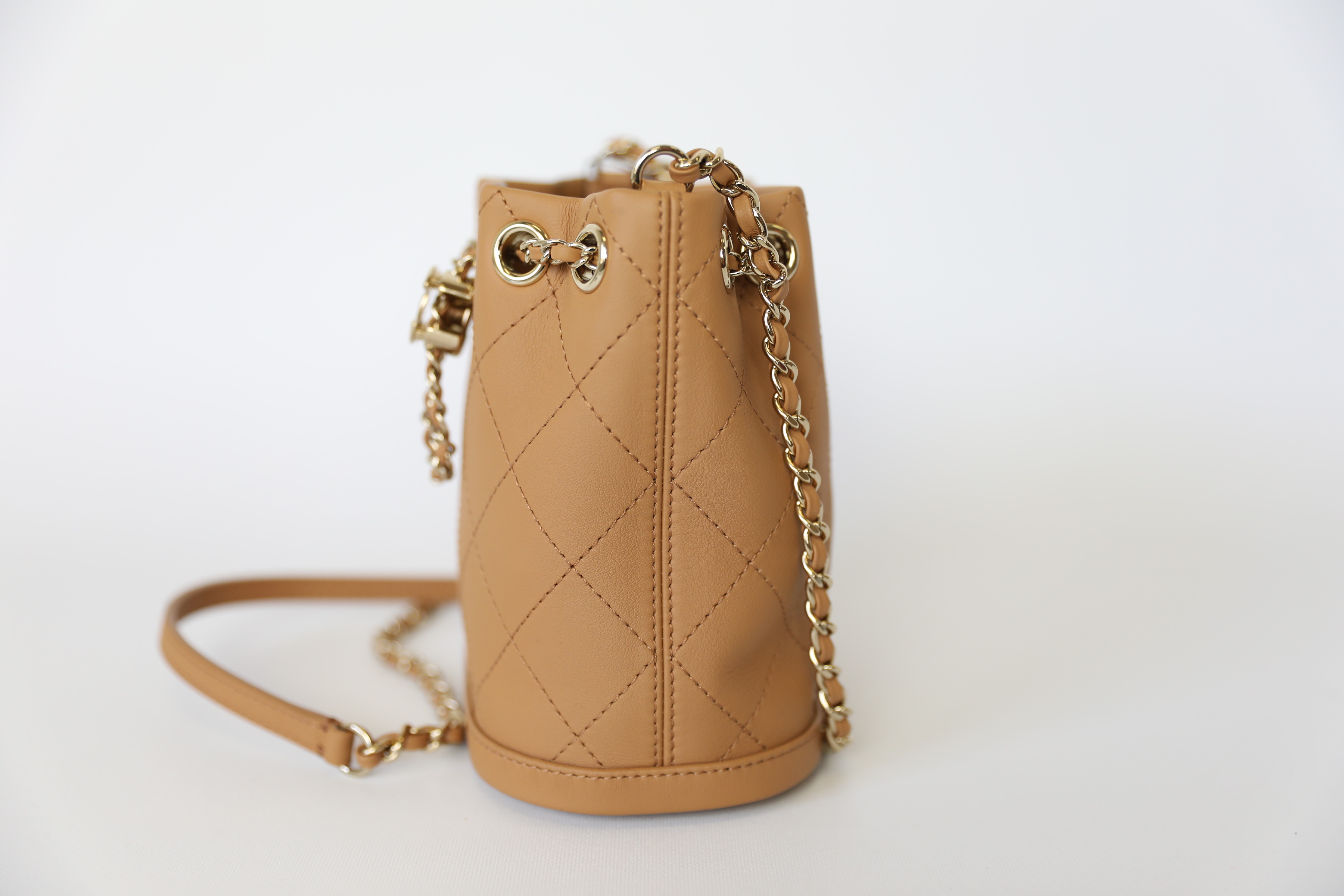 Chanel Drawstring Quilted Bucket Bag, Beige Calfskin with Gold Hardware,  New in Dustbag WA001