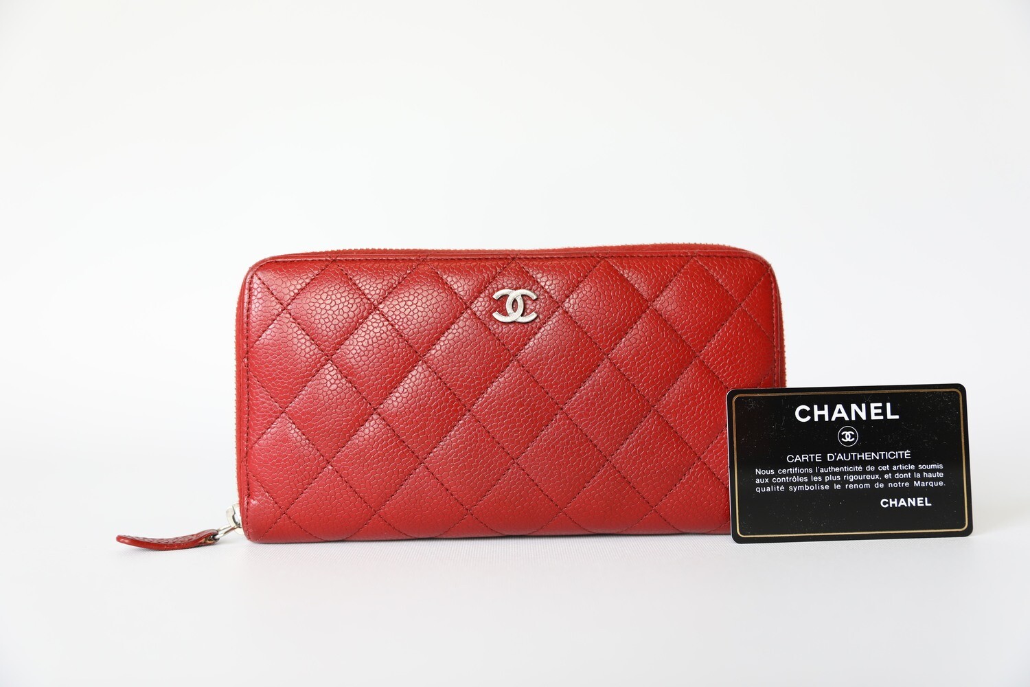 Chanel Zip Around Wallet Large, Red Caviar with Silver, Preowned in Box  WA001