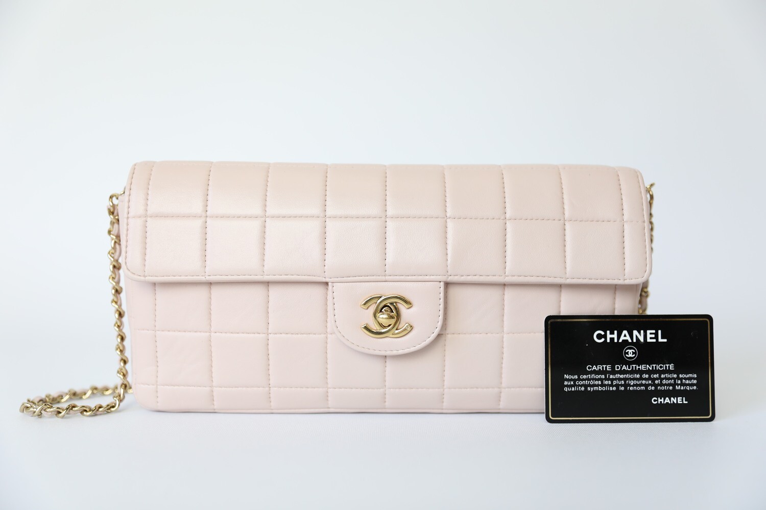Chanel Chocolate Bar Vintage Square Quilt Flap, Pink Lambskin with Gold Hardware, Preowned in Box WA001