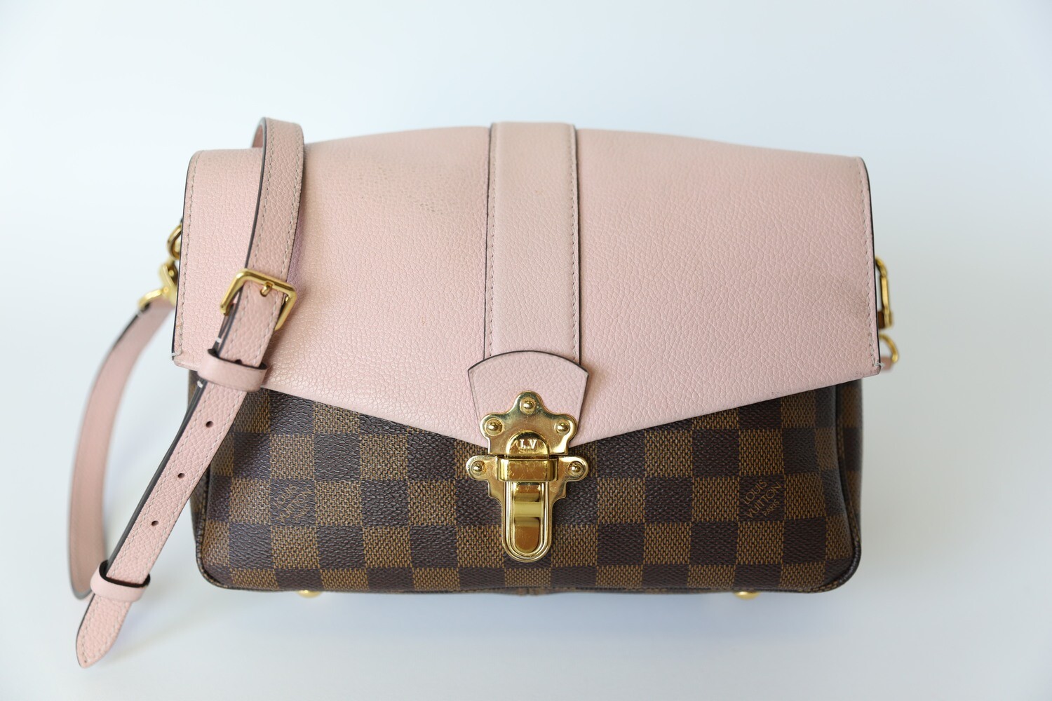 Louis Vuitton Clapton PM, Damier Ebene and Pink Leather, Preowned in Box  WA001