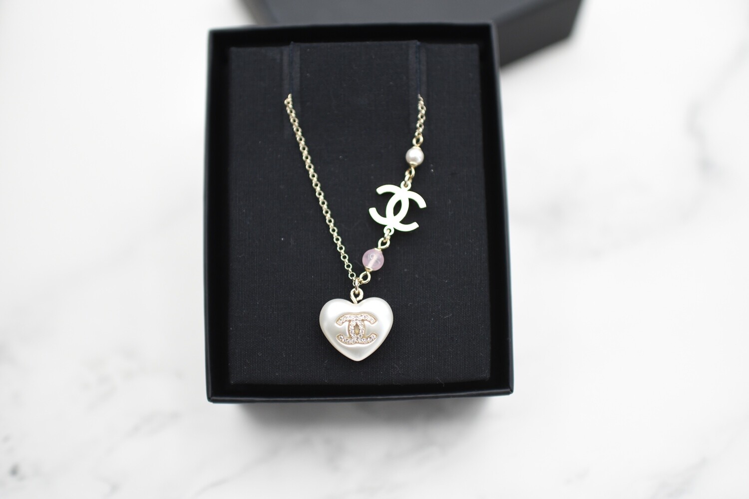 Chanel Necklace CC Heart, Gold Hardware with Crystals, New in Box