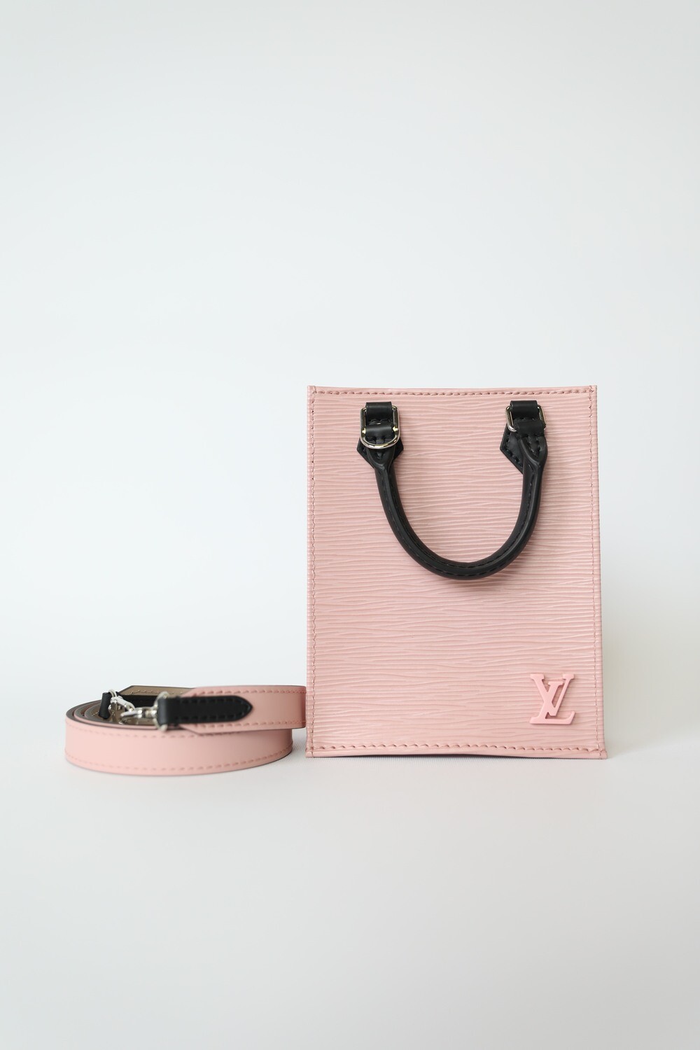 Louis Vuitton Rose Ballerine and Black EPI Petite Sac Plat Silver Hardware, 2020 (Like New), Pink/Black Womens Handbag
