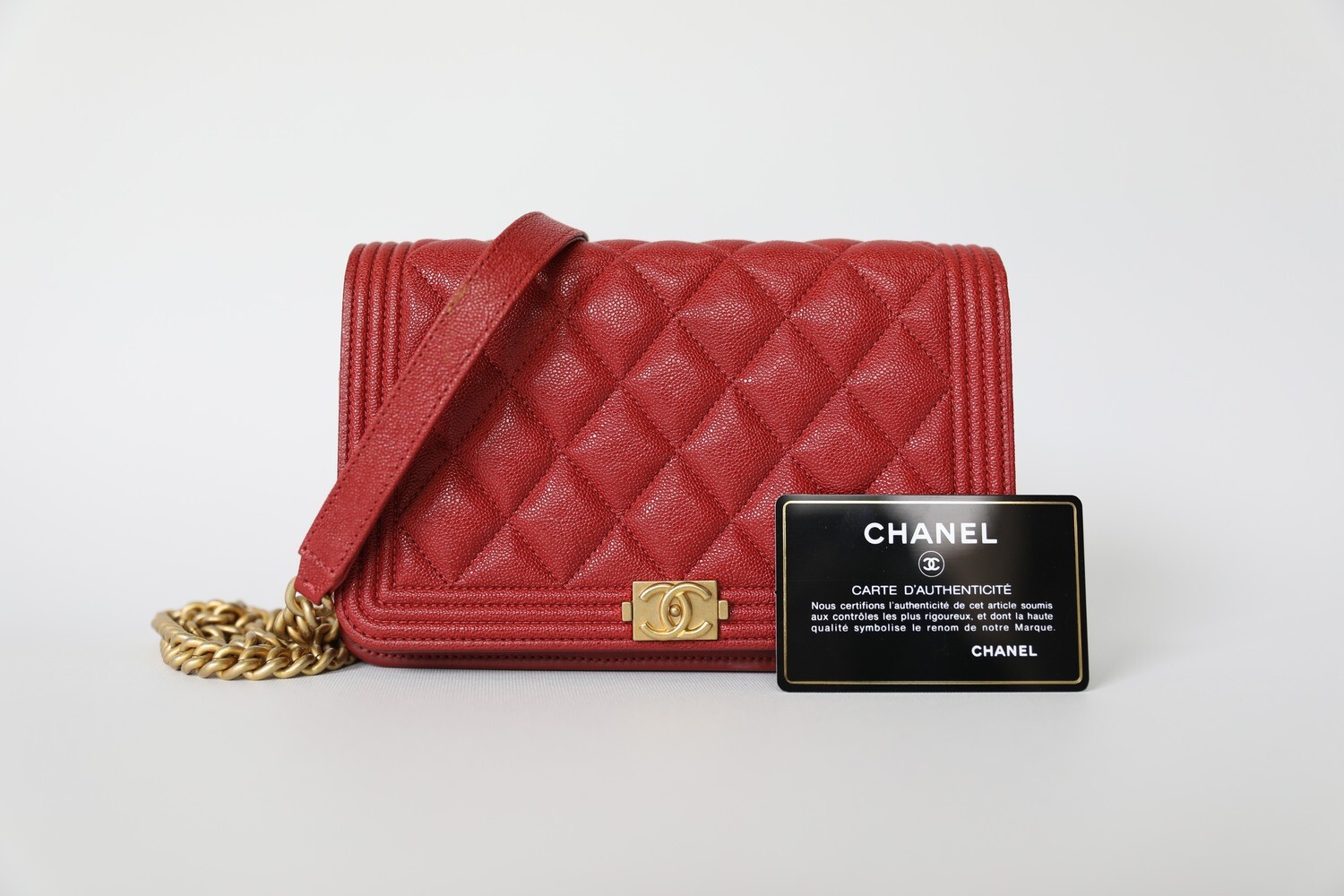 Chanel Boy Wallet on Chain, Red Caviar with Gold Hardware, Preowned in Box WA001