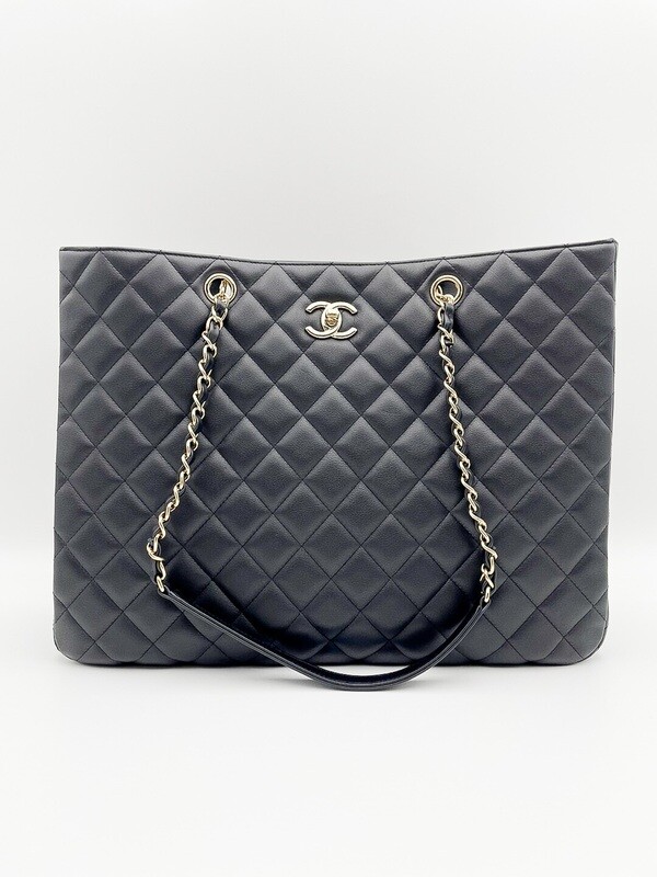 Chanel Timeless Tote, Black Calfskin Leather with Gold Hardware, Preowned in Dustbag GA001