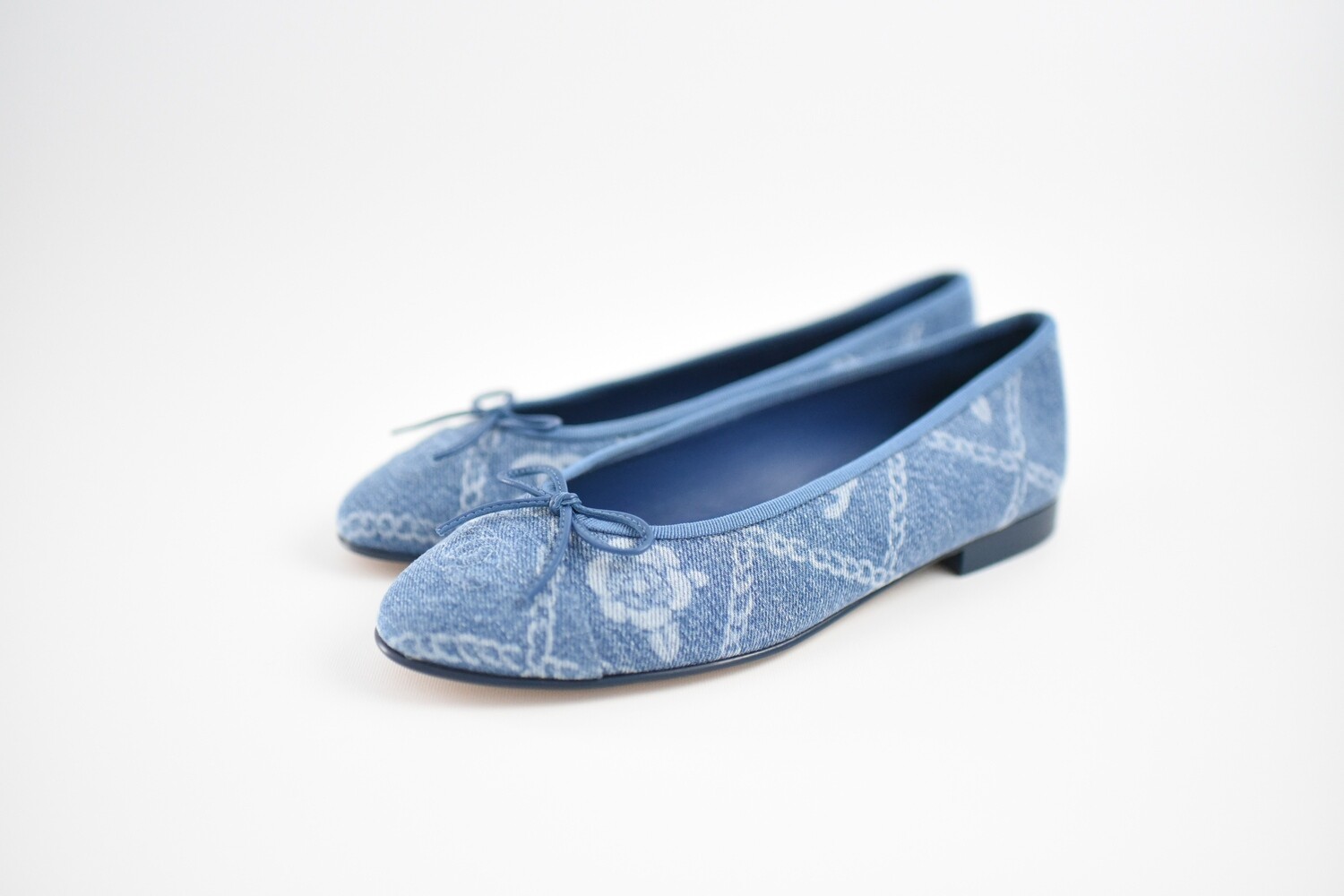 Chanel Ballet Flats, Blue Denim with Camellia Print, Size 38.5, New in Box  GA001