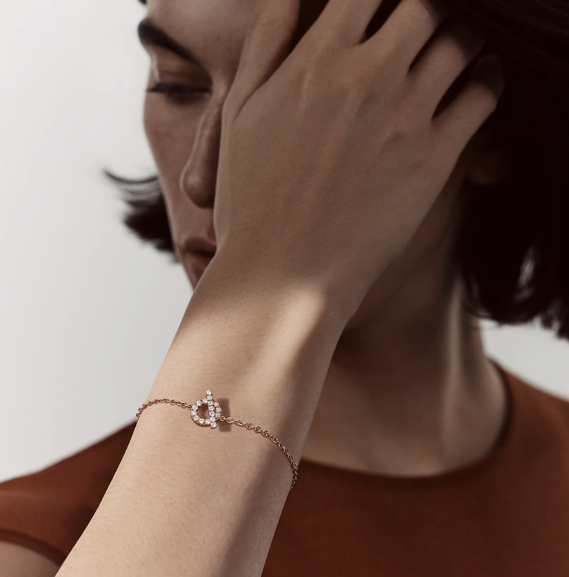 Hermes Finesse Bracelet, Rosegold with Diamond, Size SH, As New in Box CMA001