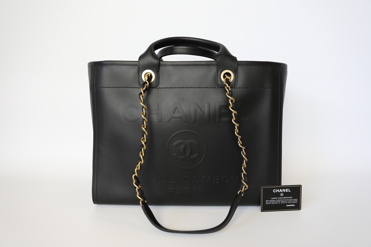 Chanel Deauville Large, Black Leather With Gold Hardware, Preowned In Box WA001