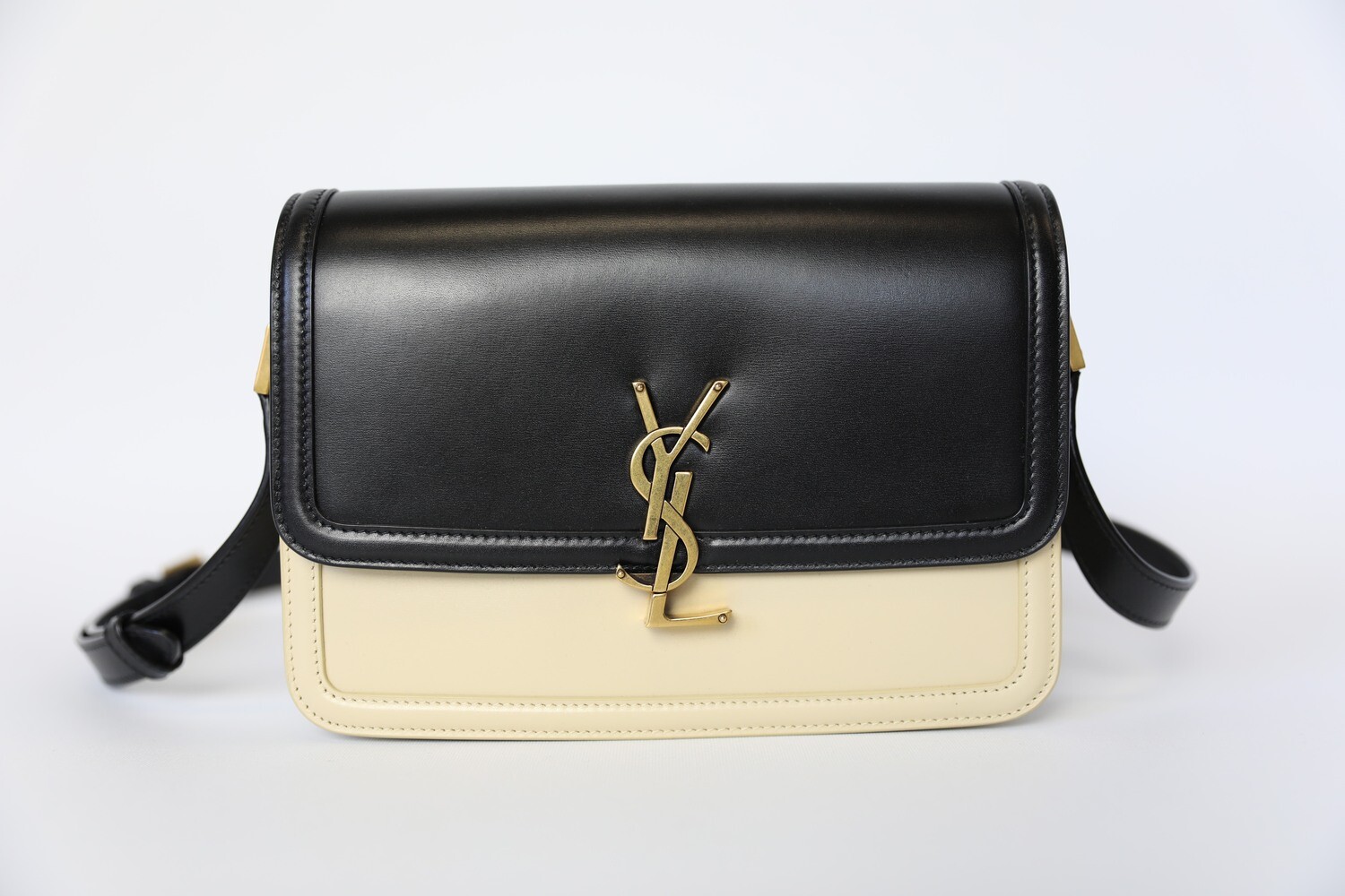 Saint Laurant Medium Solferino Satchel, Black and Beige Leather With Gold Hardware, Preowned In Box WA001