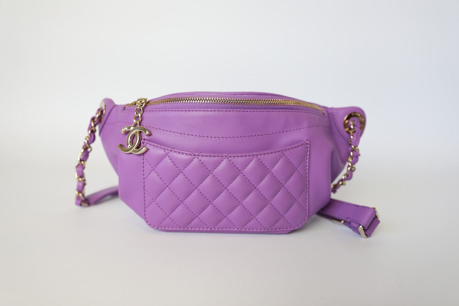 Chanel Front Pocket Waist Bag, Purple Calfskin, Preowned in Box WA001