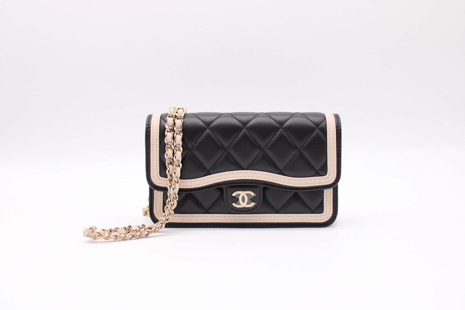 Chanel Flap Phone Holder with Chain, 23B Black and Beige Lambskin Leather, Gold Hardware, New in Box MA001