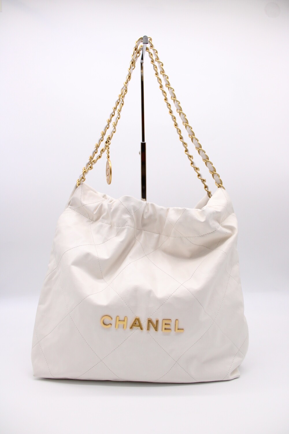 Chanel 22 Small, White Leather, Gold Hardware, Preowned No Dustbag