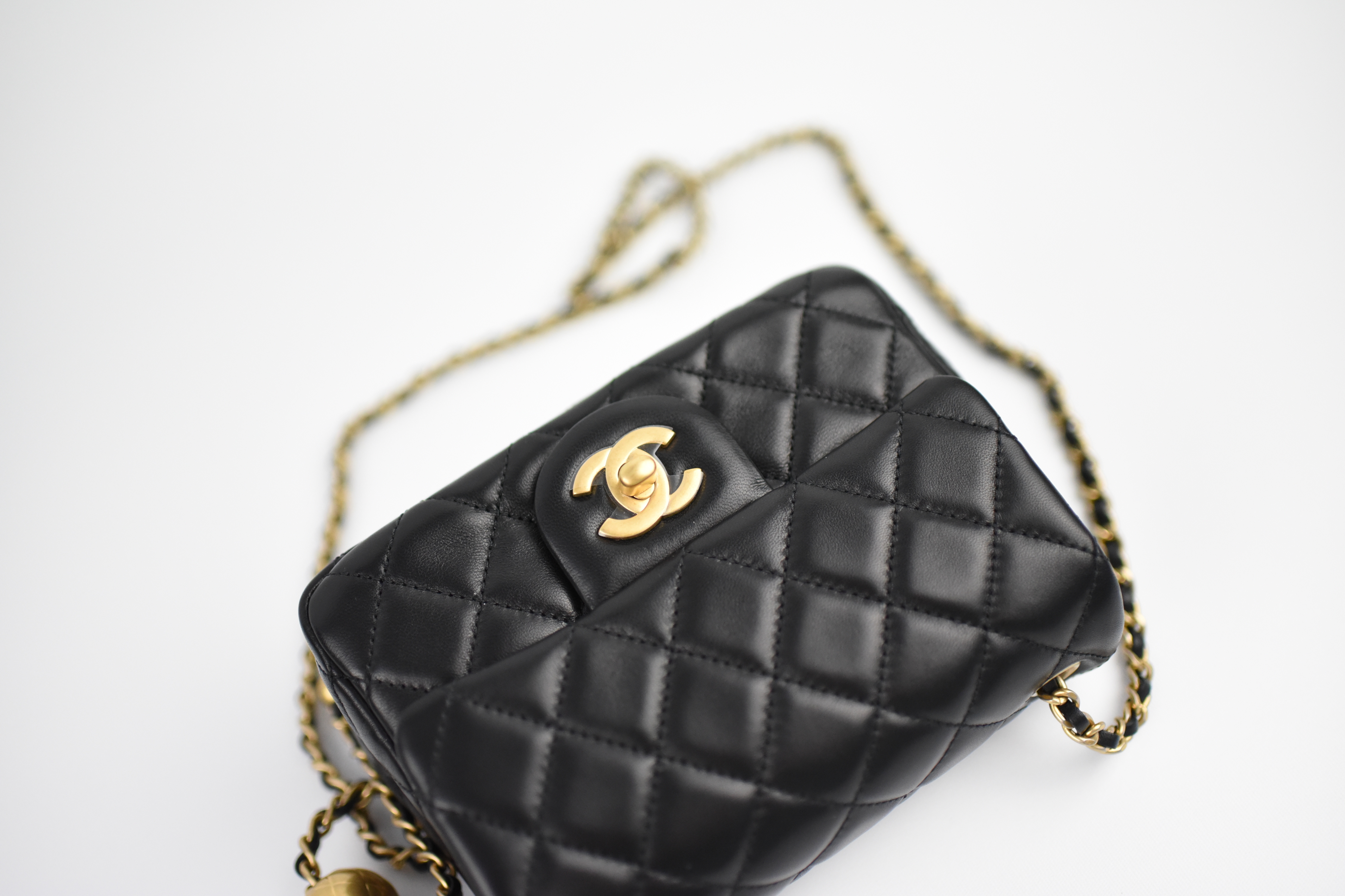 Chanel Pearl Crush Square Mini, Black Lambskin with Matte Gold Hardware,  New in Box GA003