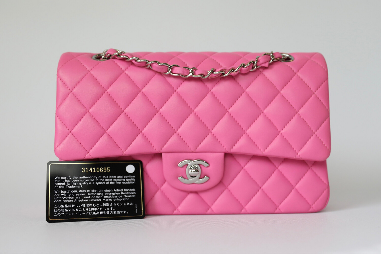 Chanel Classic Medium Double Flap Bright Pink Lambskin Leather With Silver Hardware Preowned In Box WA001