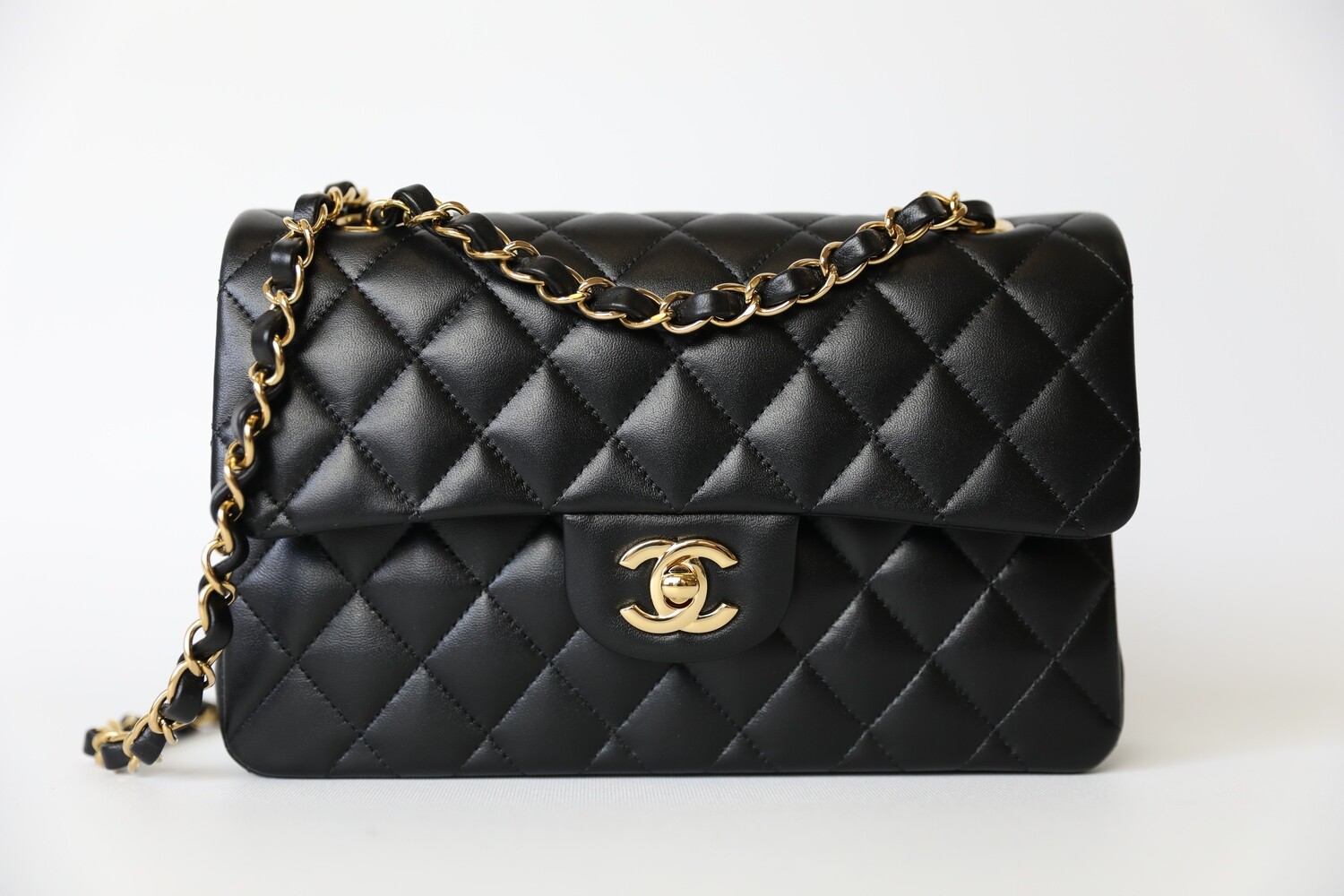 Chanel Classic Small, Black Lambskin with Gold Hardware, Preowned in Box  WA001