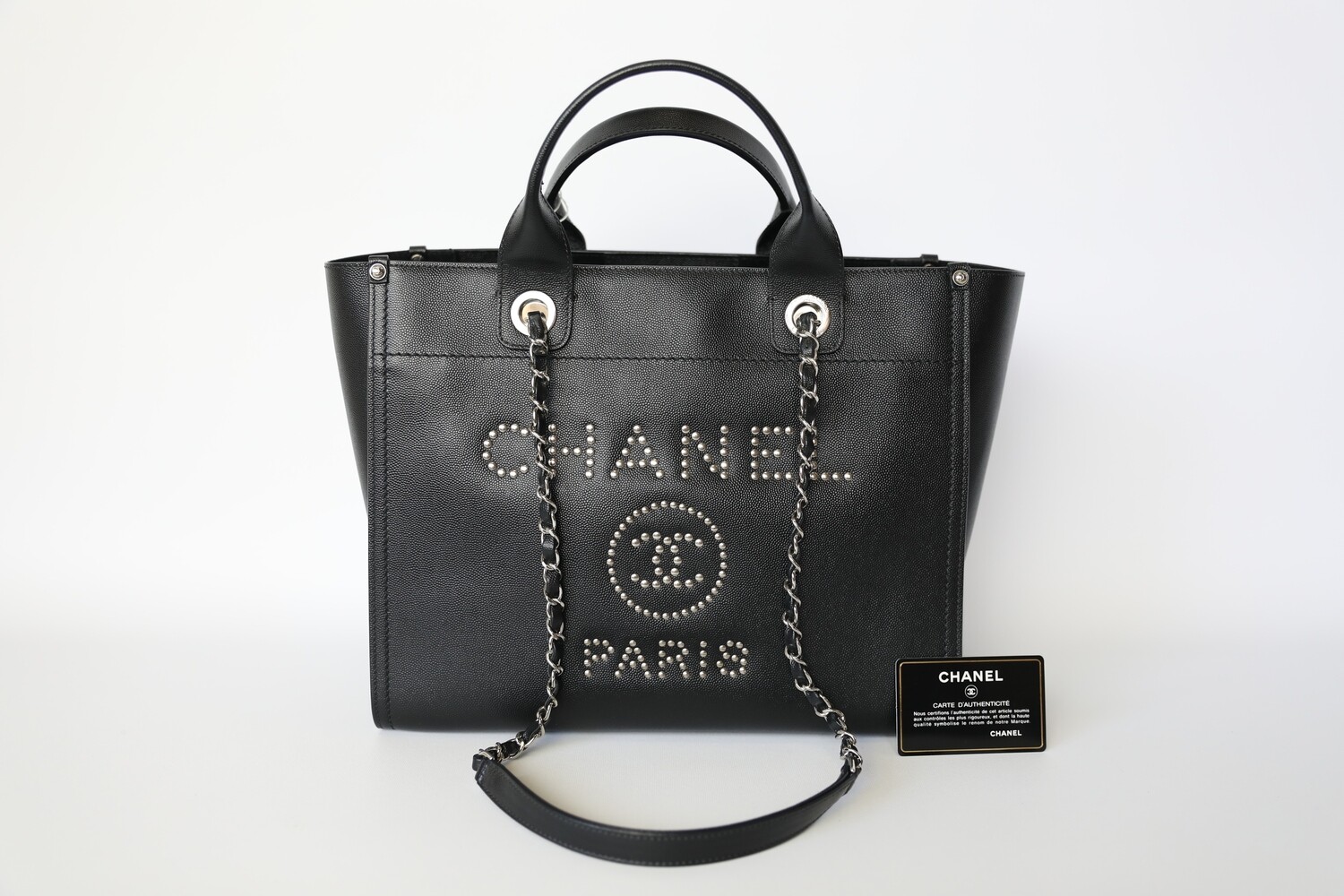 Chanel Leather Deauville Small, Black Caviar with Silver Hardware, Preowned in Dustbag WA001