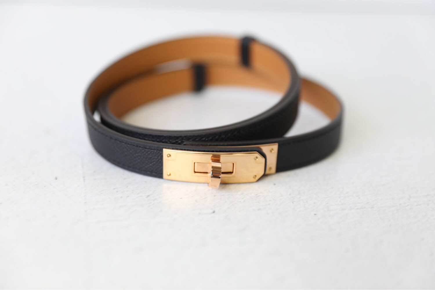 Hermes Kelly Belt, Black Epsom Leather with Rose Gold Hardware, New in Box GA001