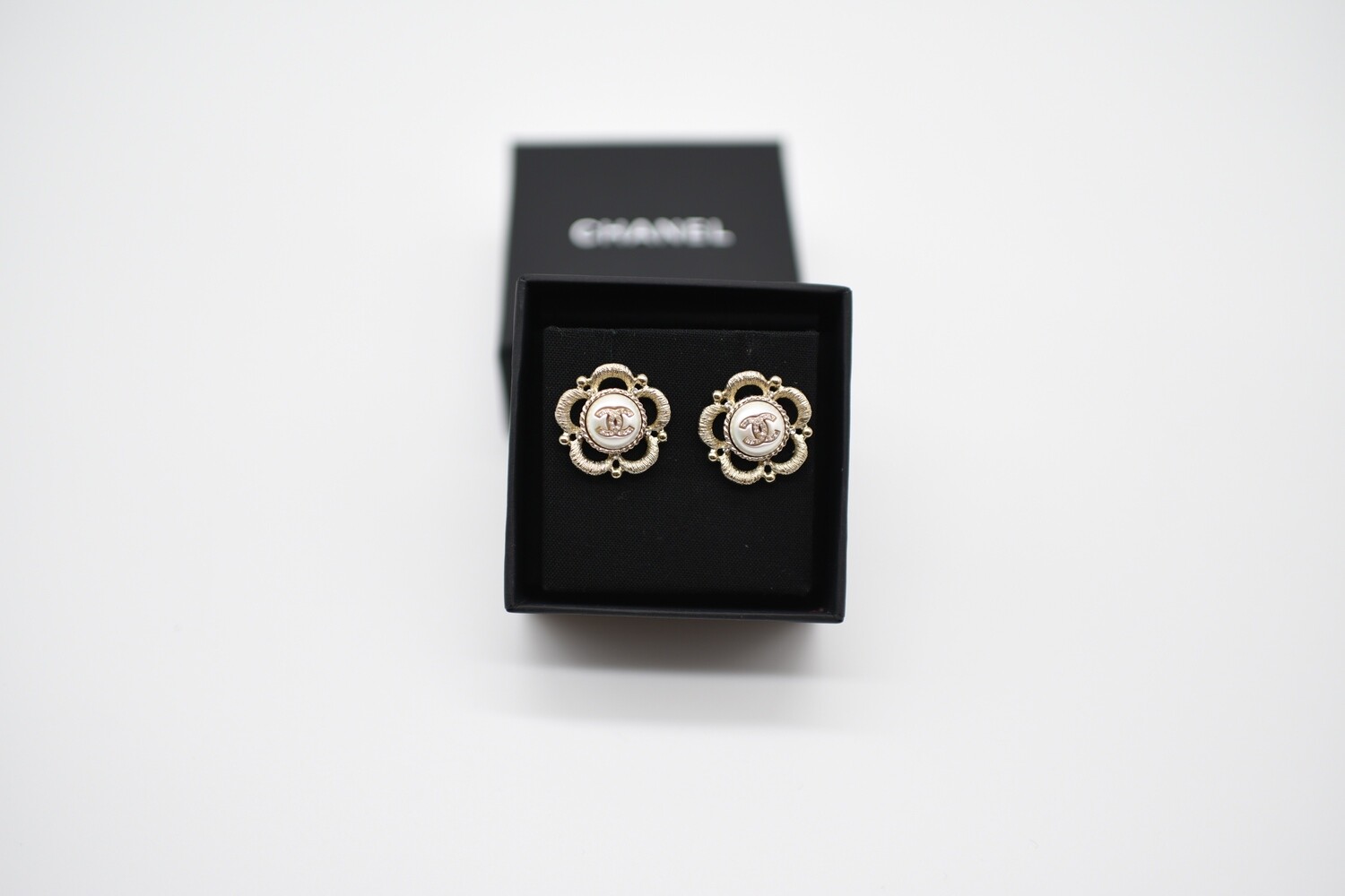 Chanel Earrings CC Camellia Studs, Pearls and Rhinestones with