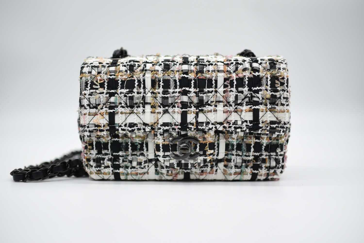 Chanel Classic Mini Rectangular Single Flap, Black and White Ribbon Tweed  with Gold Hardware, Preowned in Dustbag WA001