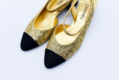 Chanel Shoes Glitter Ankle Wrap Pumps/Sandals, Gold, Size 40, New in Box GA006