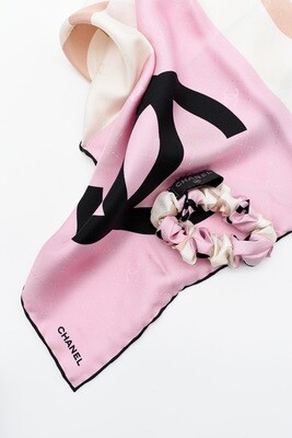 Chanel Scarf and Scrunchie, Pink, White, and Black, New in Box GA006