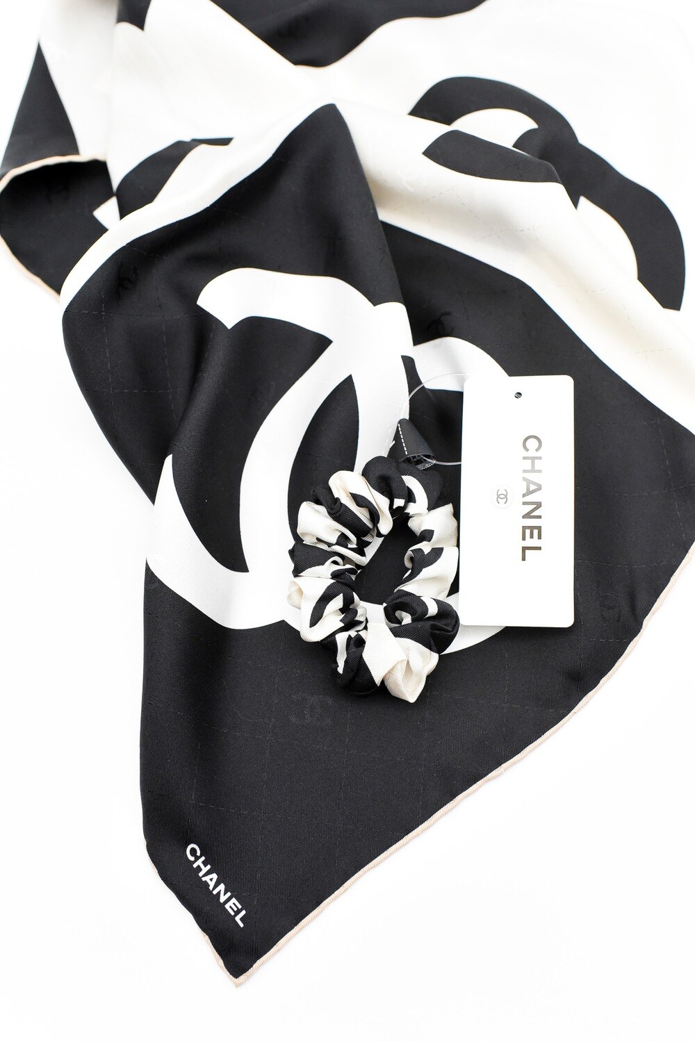 Chanel Hair Tie Scarf, Black and White Silk, New in Box WA001