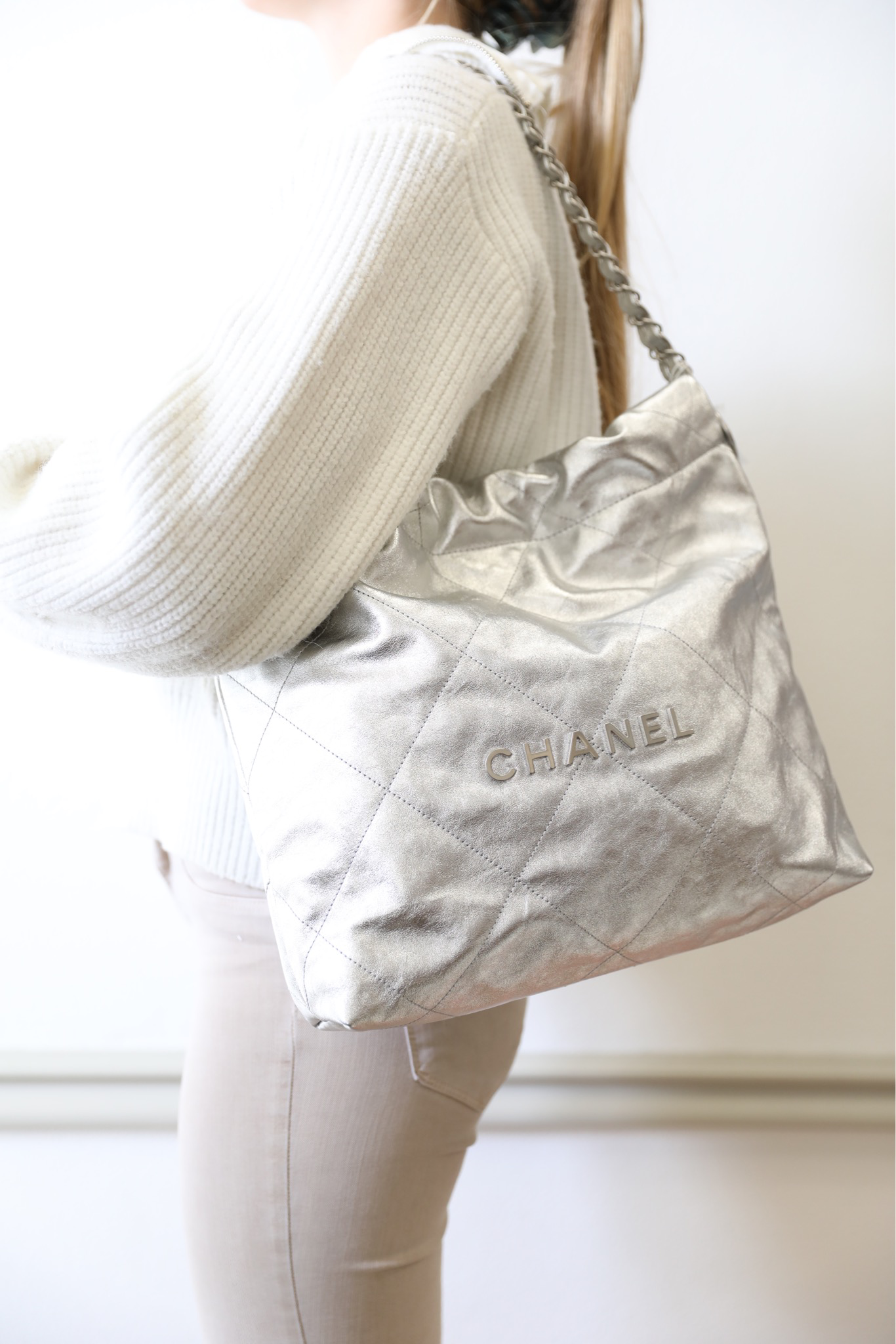 Chanel 22 Small Quilted Hobo Tote, Silver Calfskin With Silver Hardware,  Preowned In Box WA001 - Julia Rose Boston