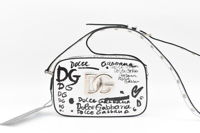 Dolce & Gabbana Graffiti Print Camera Crossbody Bag, Black and White Calfskin Leather with Silver Hardware, New in Dustbag GA006
