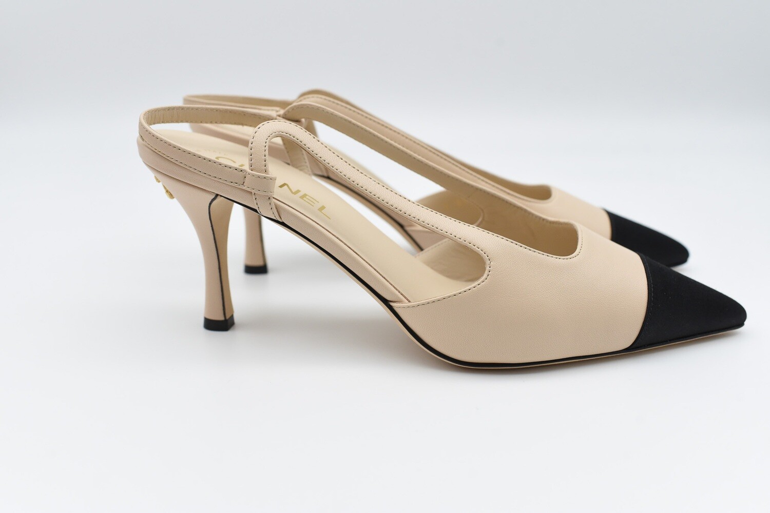 Chanel Shoes Leather Slingbacks, Beige and Black, Size 40, New in Box GA006