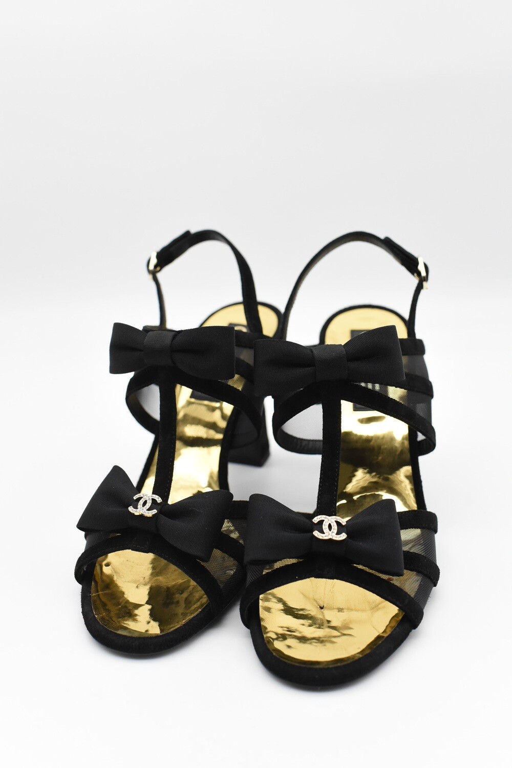 Chanel Shoes, Black Mesh Heels with Bows, Size 39.5, Preowned in