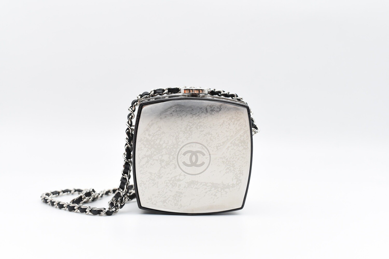 Chanel Minaudiere Make Up Box Clutch with Chain, Black Patent Leather, Silver Hardware, Like New in Box GA006