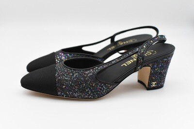 Chanel Shoes Slingbacks, Black Rainbow Sequins, Size 40, New in Box GA006