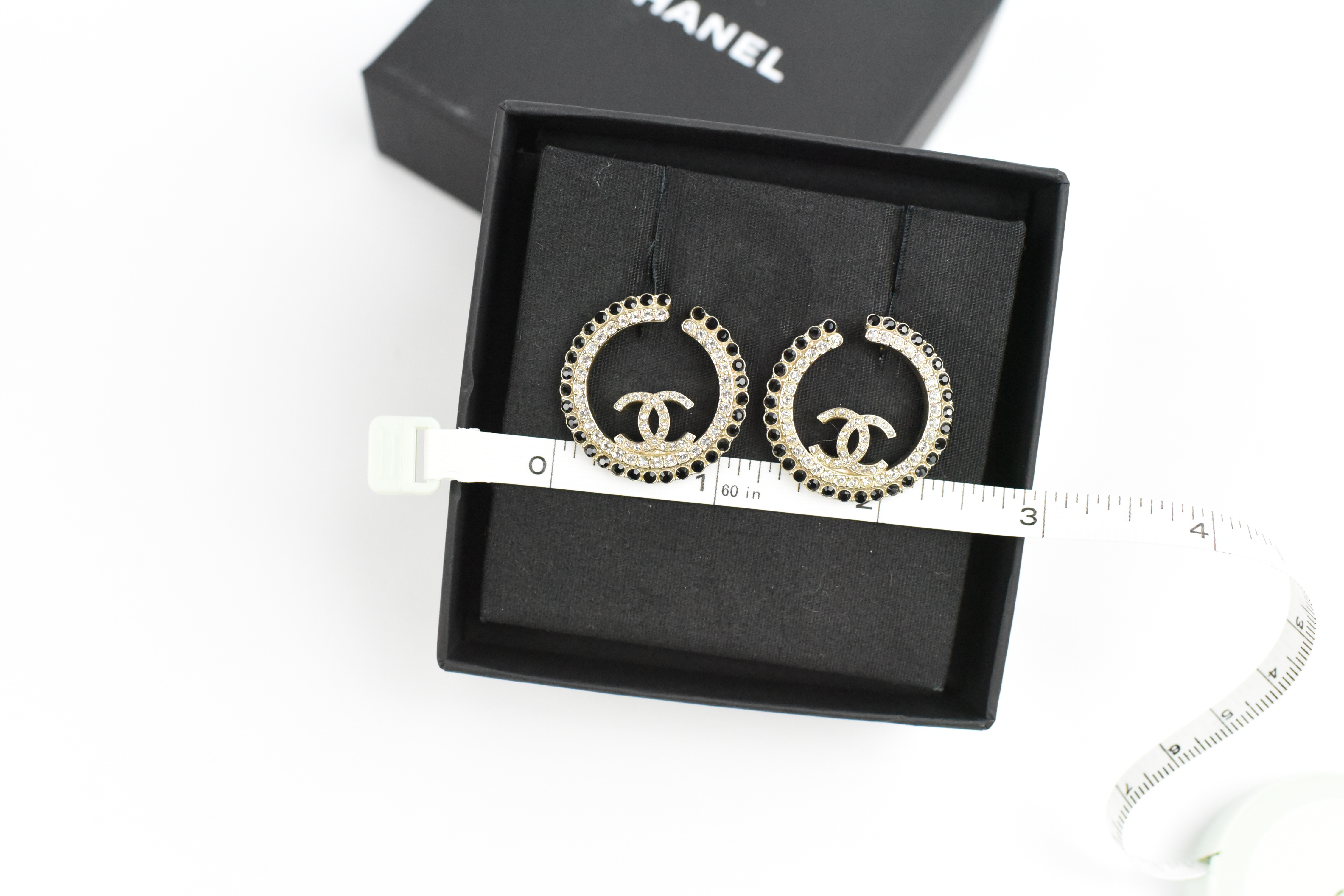 Chanel Earrings CC Hoops, Rhinestones and Black Stones with Gold Hardware,  New in Box GA003