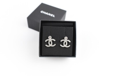 Chanel Earrings CC Studs, Rhinestones with Silver Hardware, New in Box GA003