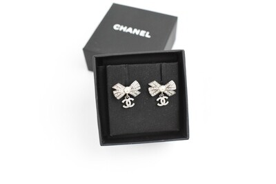 Chanel Earrings CC Studs with Bow, Rhinestones with Silver Hardware, New in Box GA003
