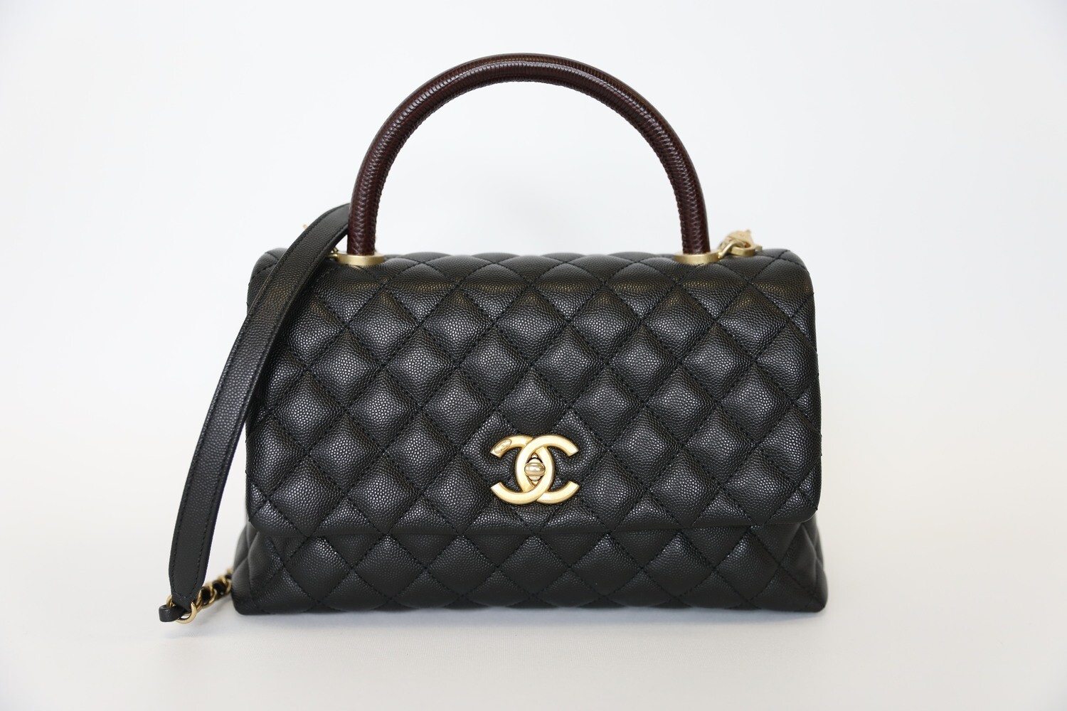 Chanel Coco Handle Small, Black Caviar With Gold Hardware and Red Lizard Handle, Preowned In Box WA001
