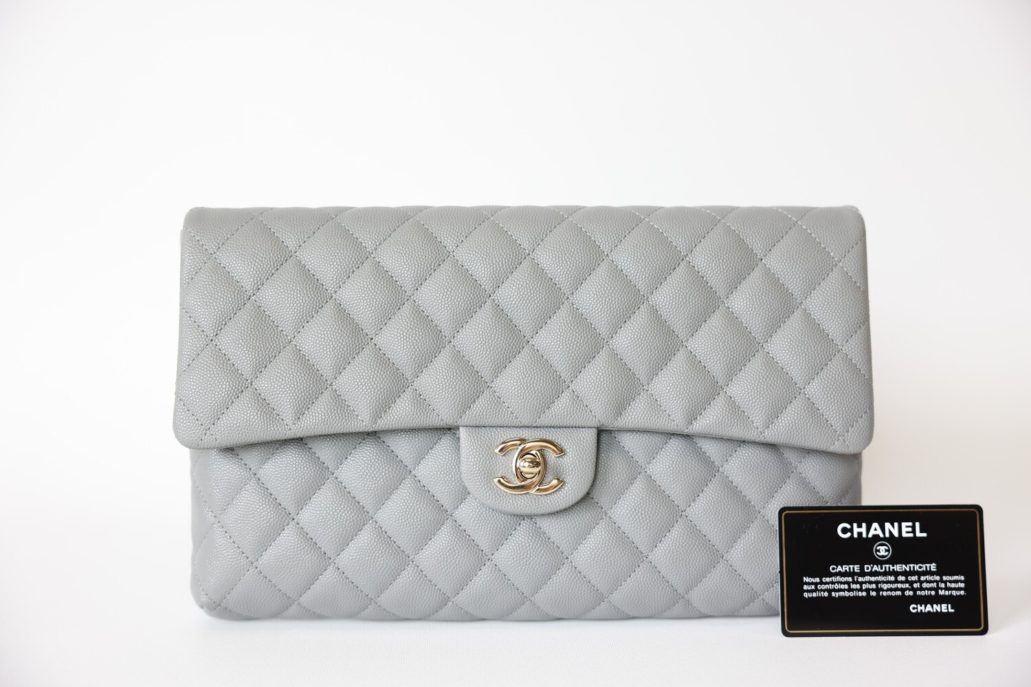 Chanel Turnlock Clutch, Grey Caviar with Gold Hardware, Preowned in Box WA001