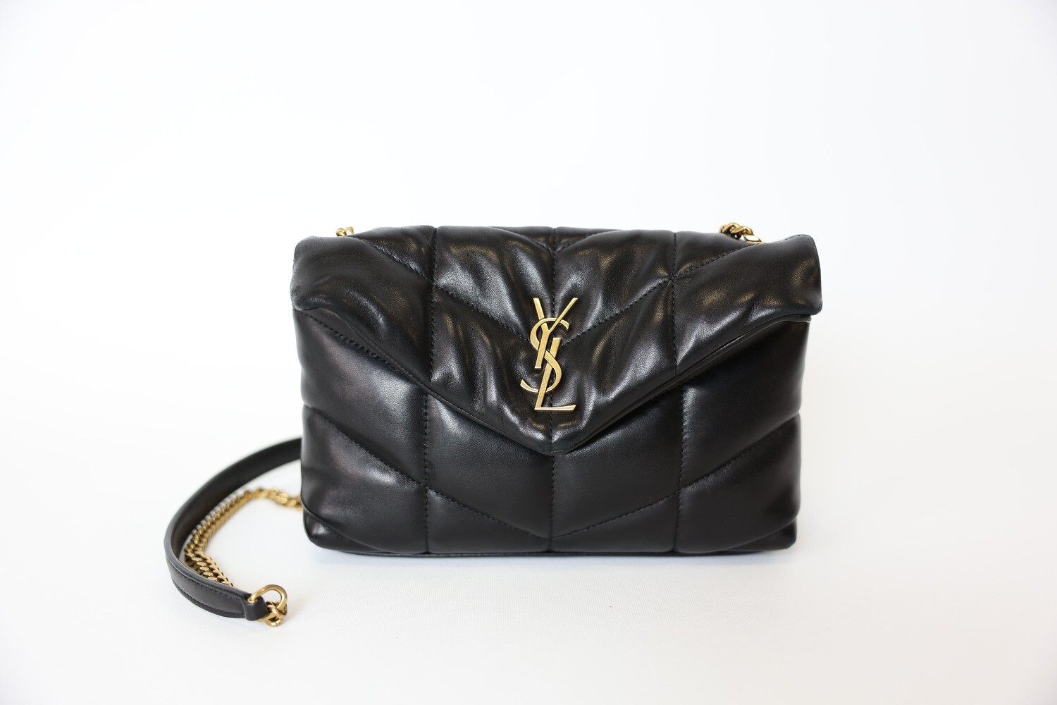 Saint Laurent Lou Puffer Toy Size, Black Lambskin with Gold Hardware, Preowned in Box WA001