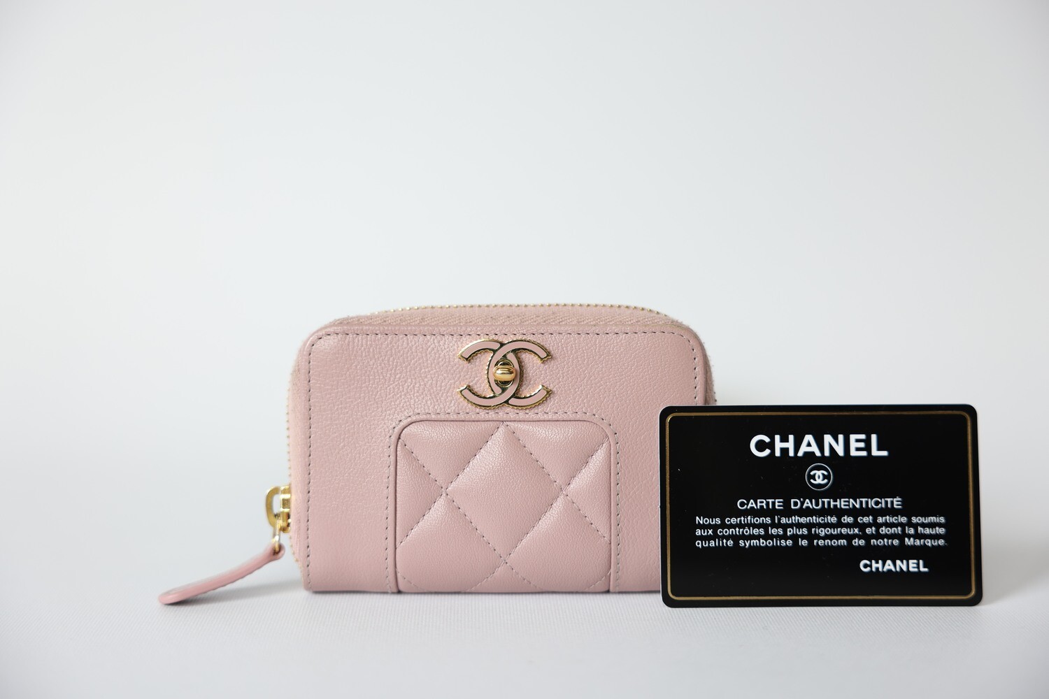 Chanel Mademoiselle Zip Cardholder, Pink Calfskin with Gold Hardware, Preowned in Box WA001