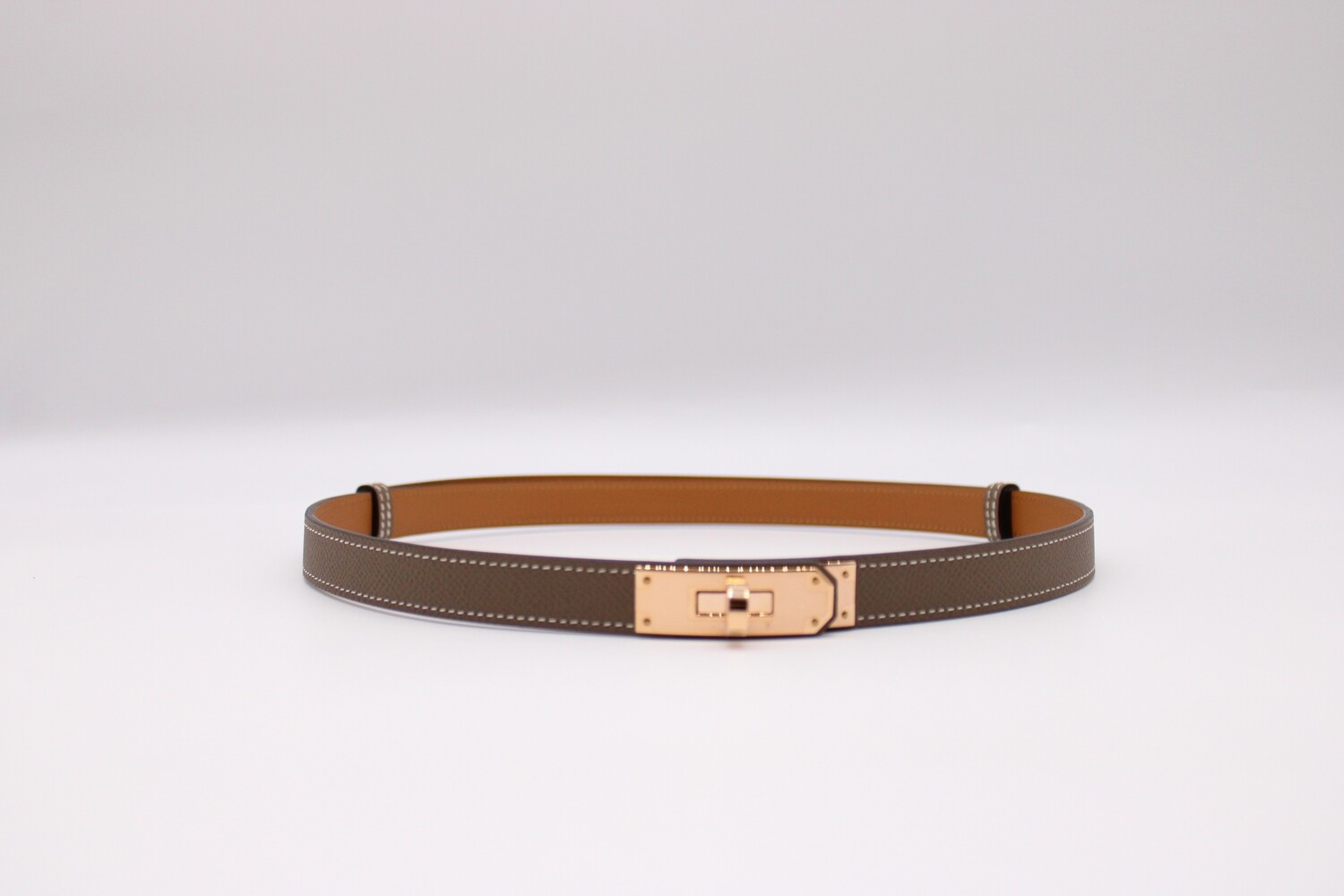 Hermès Kelly Belt, Etoupe, Rosegold Hardware, New in Box CMA001