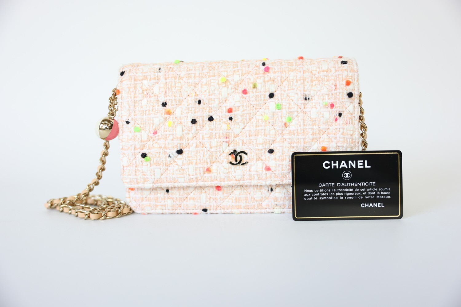 Chanel Wallet on Chain, Pink Spotted Tweed with Gold Hardware, Preowned in Box WA001