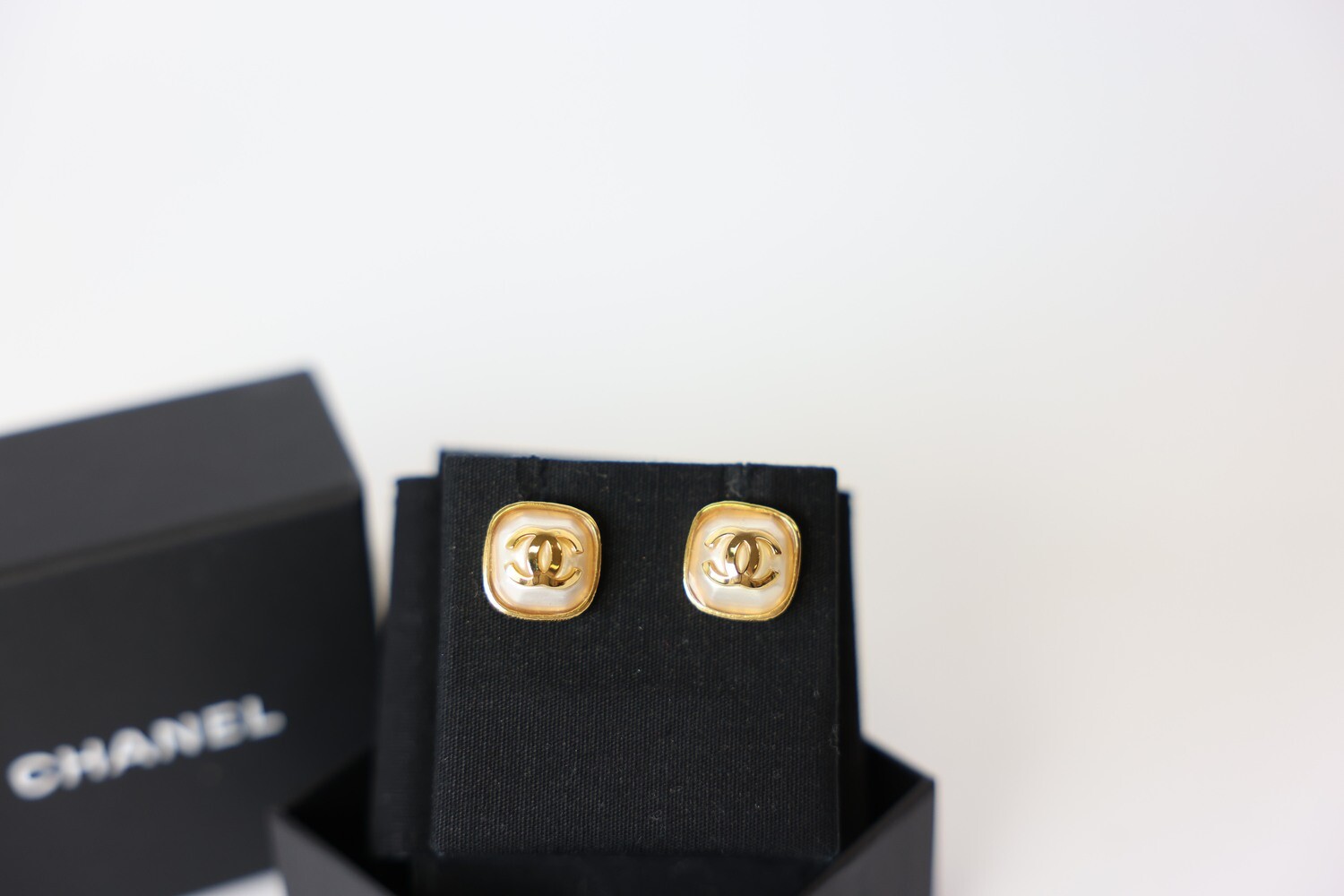 Chanel Square Golden Stud Earrings, Preowned in Box WA001