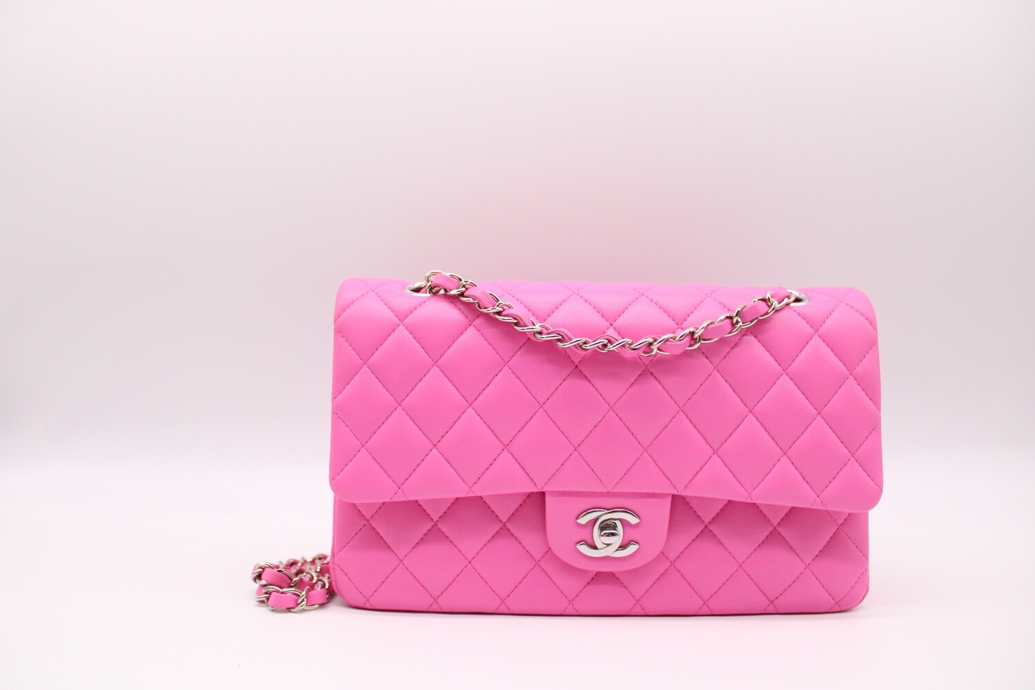 Chanel Classic Medium Flap, Pink Lambskin Leather, Silver Hardware