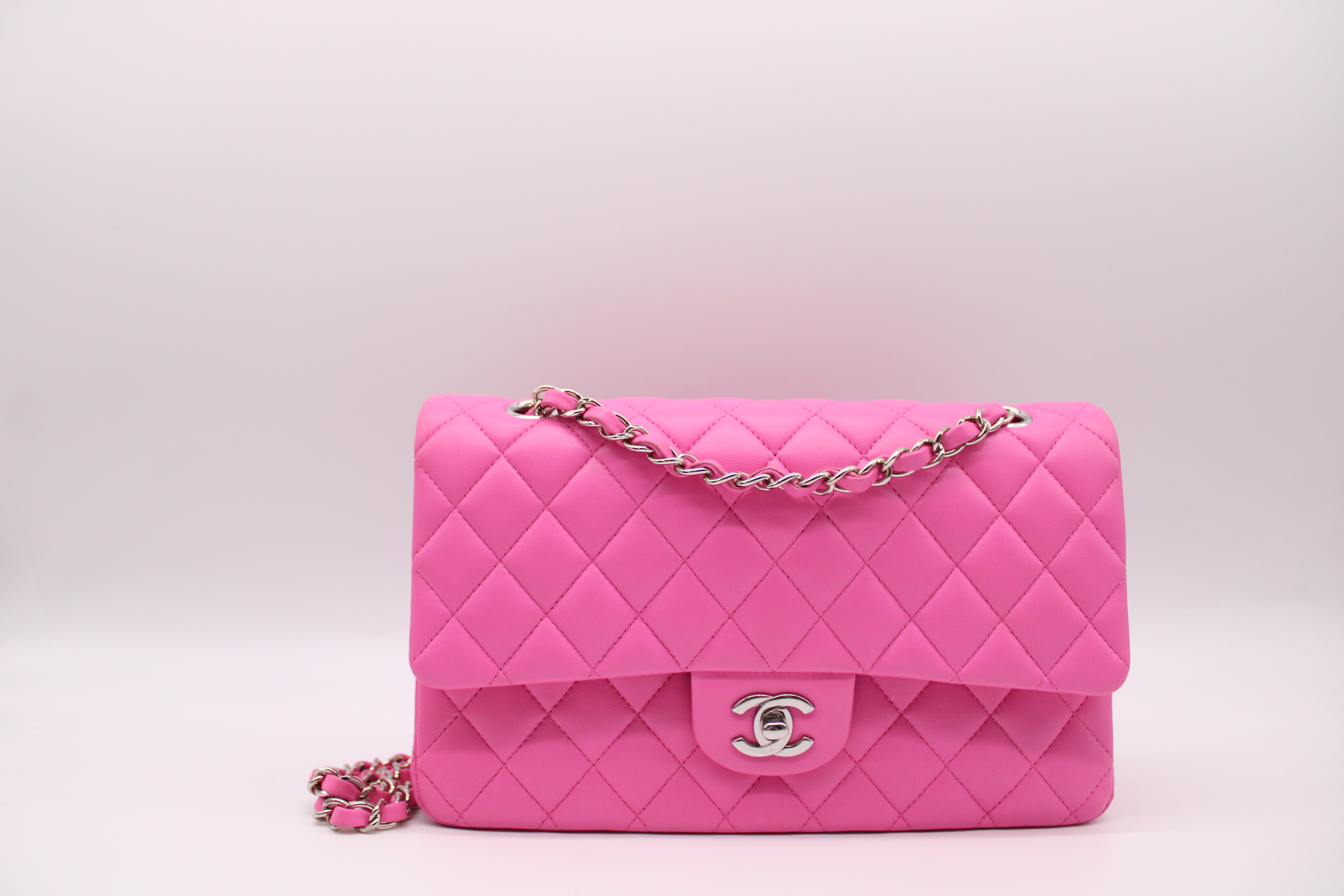 Chanel Classic Medium Flap, Pink Lambskin Leather, Silver Hardware,  Preowned in Dustbag MA001