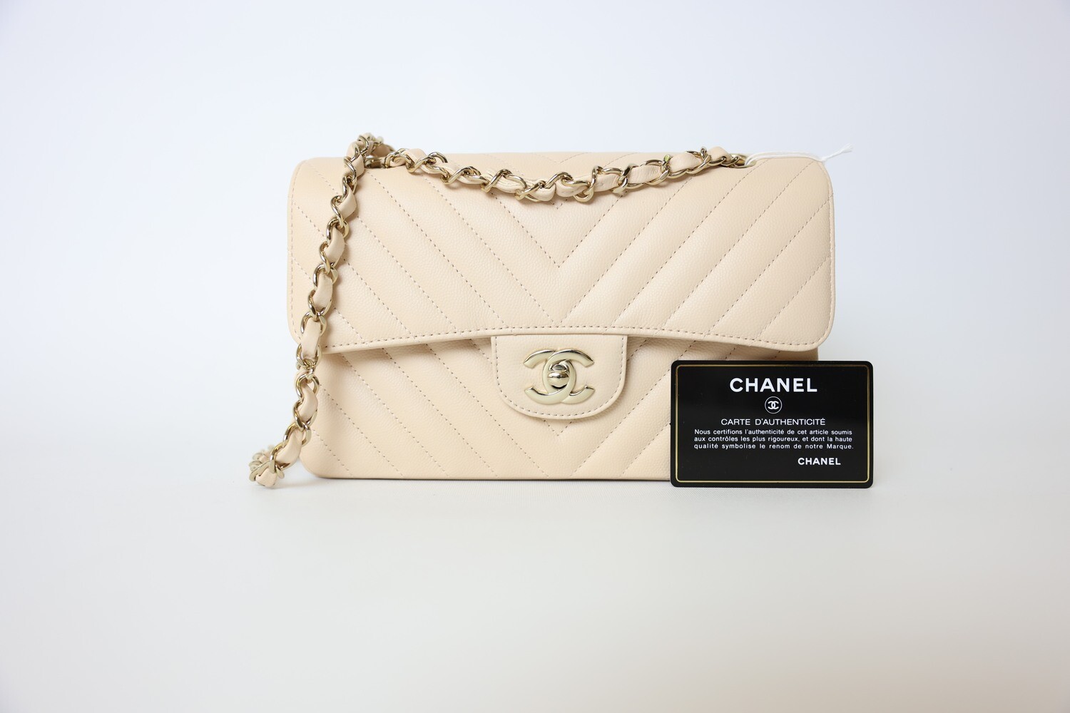 Chanel Classic Small, Beige Chevron Caviar with Gold Hardware, Preowned in Box WA001