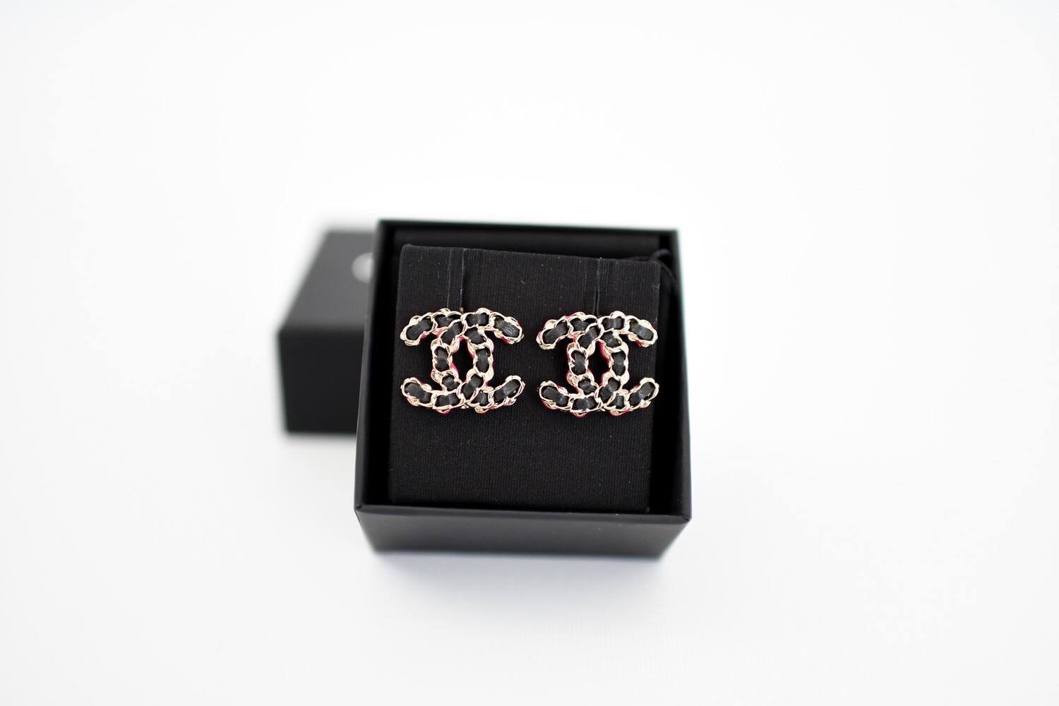 Chanel Earrings CC Studs, Black Leather with Hot Pink Enamel, Gold  Hardware, New in Box GA001