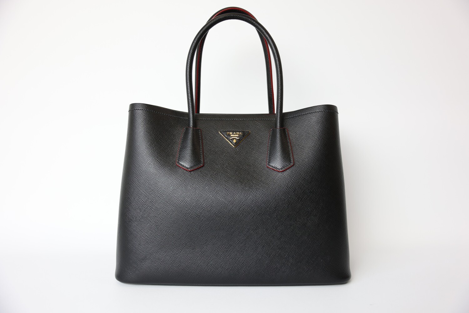 Prada Cuir Double Tote Medium, Black Saffiano Leather, Preowned in Dustbag WA001