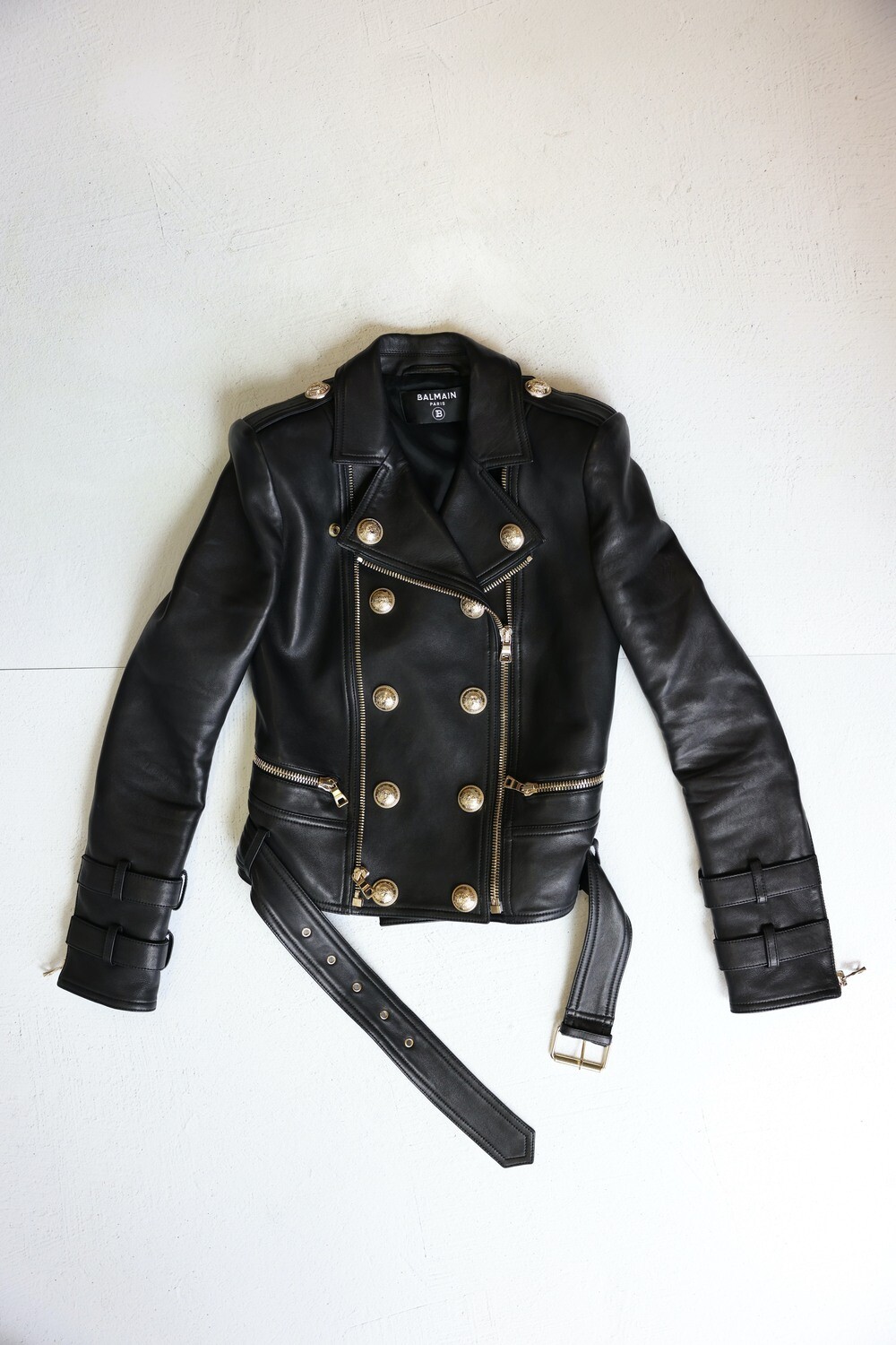 Balmain Leather Biker Jacket, Black, Size 34, Preowned WA001