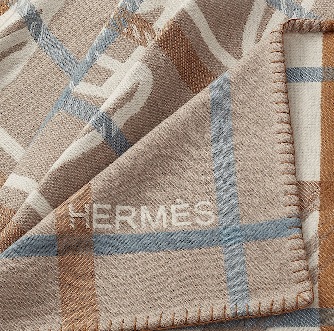 Hermes Blanket, Littoral, Plaid Wool, Like New (Ships Duty Free London) CS001