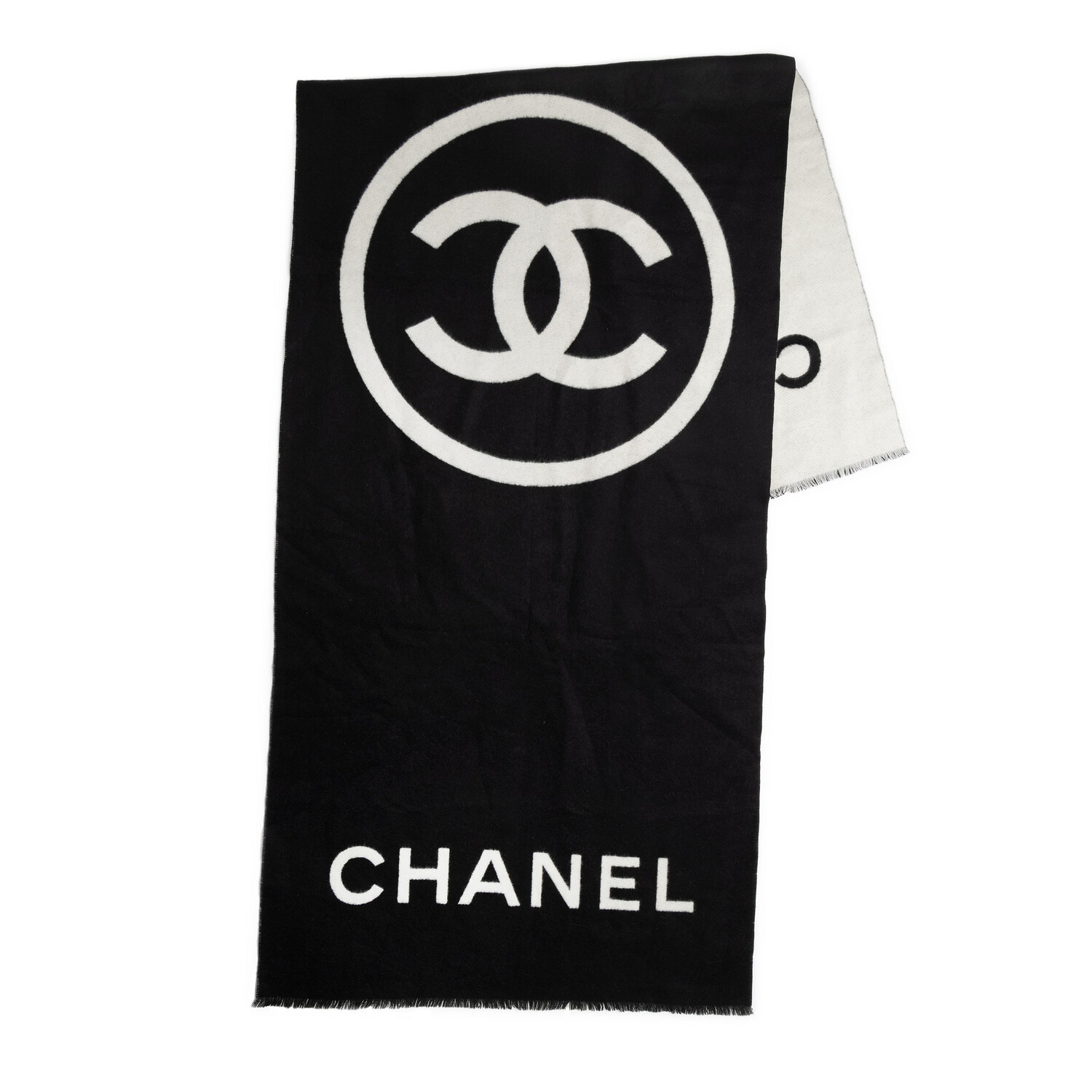 Chanel Cashmere Scarf Stole, Black and White Cashmere, Preowned WA001