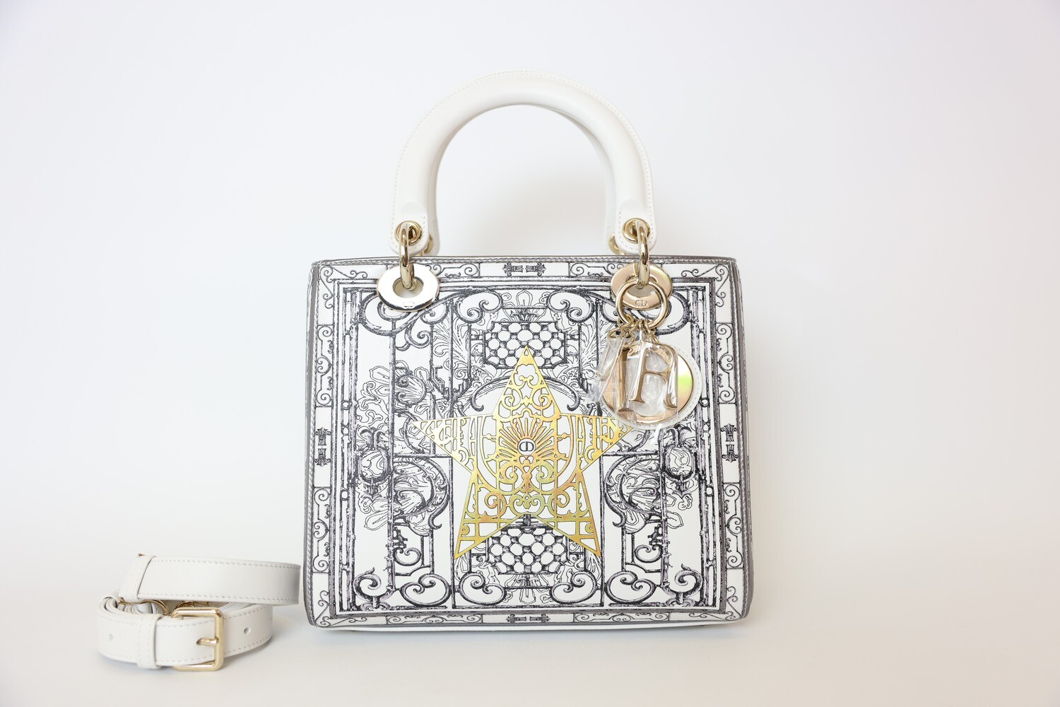 Christian Dior Lady Dior Medium, White Limited Edition Patterned with Gold Star and Gold Hardware, New in Box P